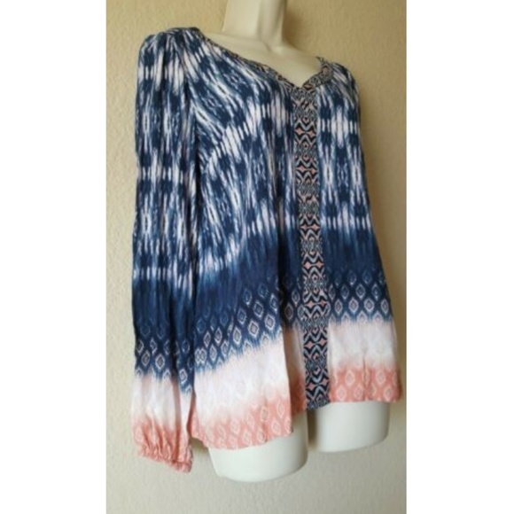 Vintage America Blues Women's Pinar Top - Knit Linen Viscose Bohemian Print Blouse With Front Tassel Tie